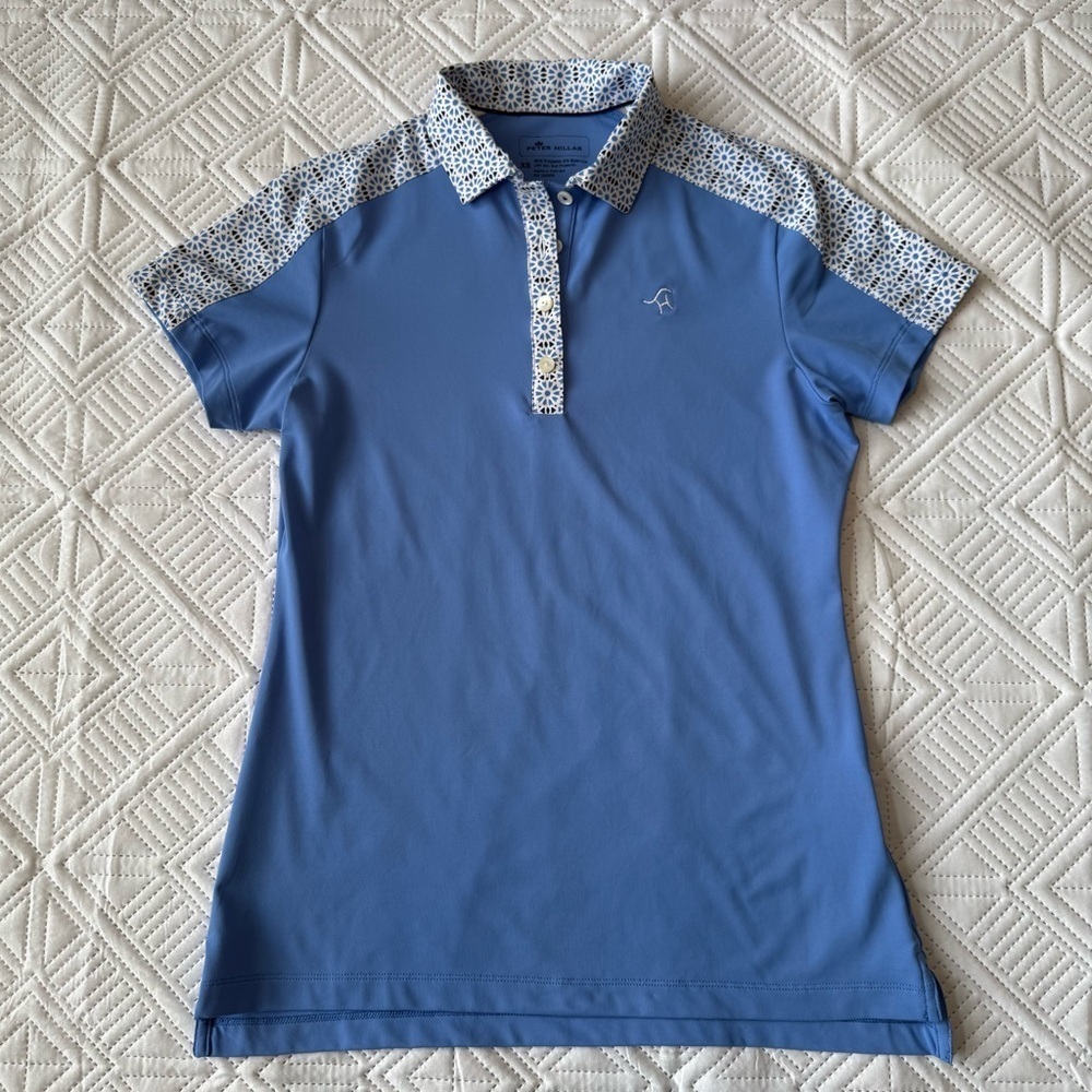 Peter Millar Carol Polo Shirt Women's XS Blue Inset Shoulder Floral Sun